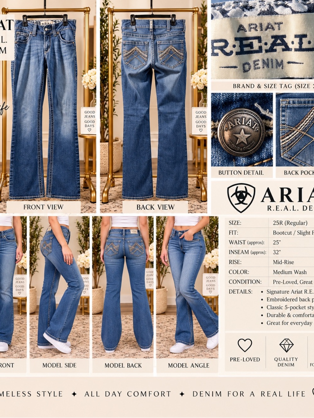 Ariat R.E.A.L. Denim Bootcut Jeans in Medium Wash Blue - 25R